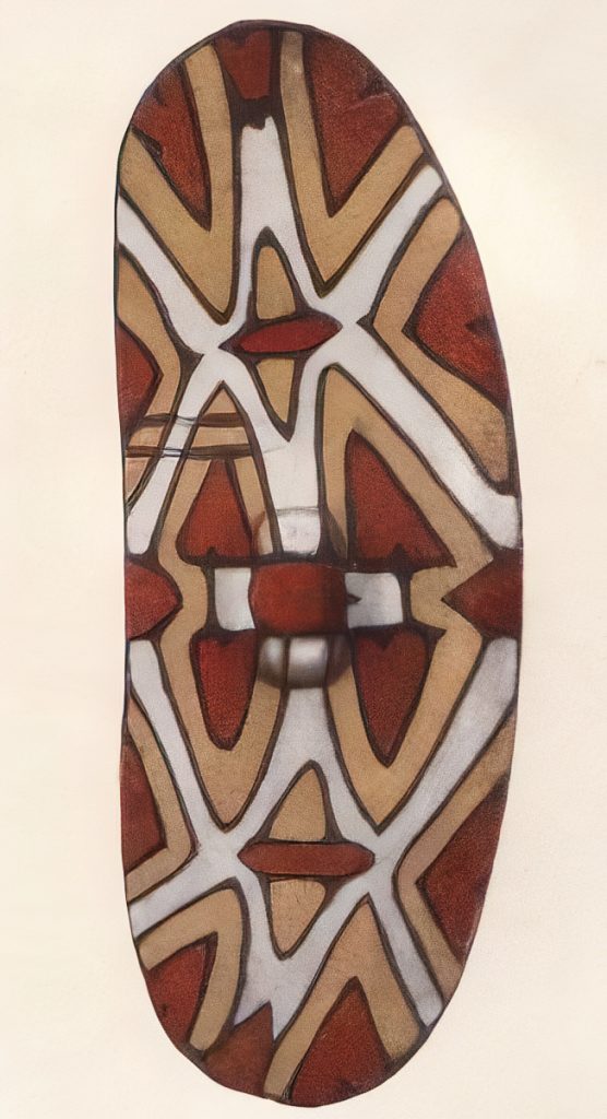 A painted shield greater than one metre long, from Harveys Creek, north Queensland.