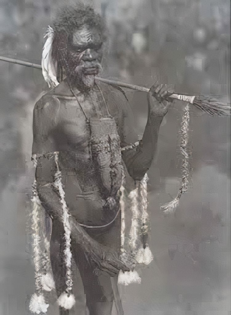 Minyipirriwoi, a man from Arnhem Land in the Northern Territory, dressed with a simple feather headdress, a string belt around the waist