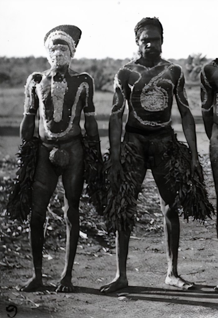 Central Australian men decorated with body paint and down, wearing tjintilli (leafy branches) hanging from their belts.